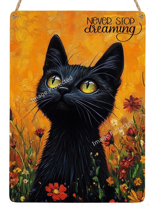 Hanging Metal Sign - Motivational Quote - Little Black Cat & Flowers