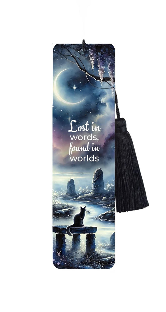Large Metal Bookmark With Tassel - Moongazing River Cat,with Reader Quote