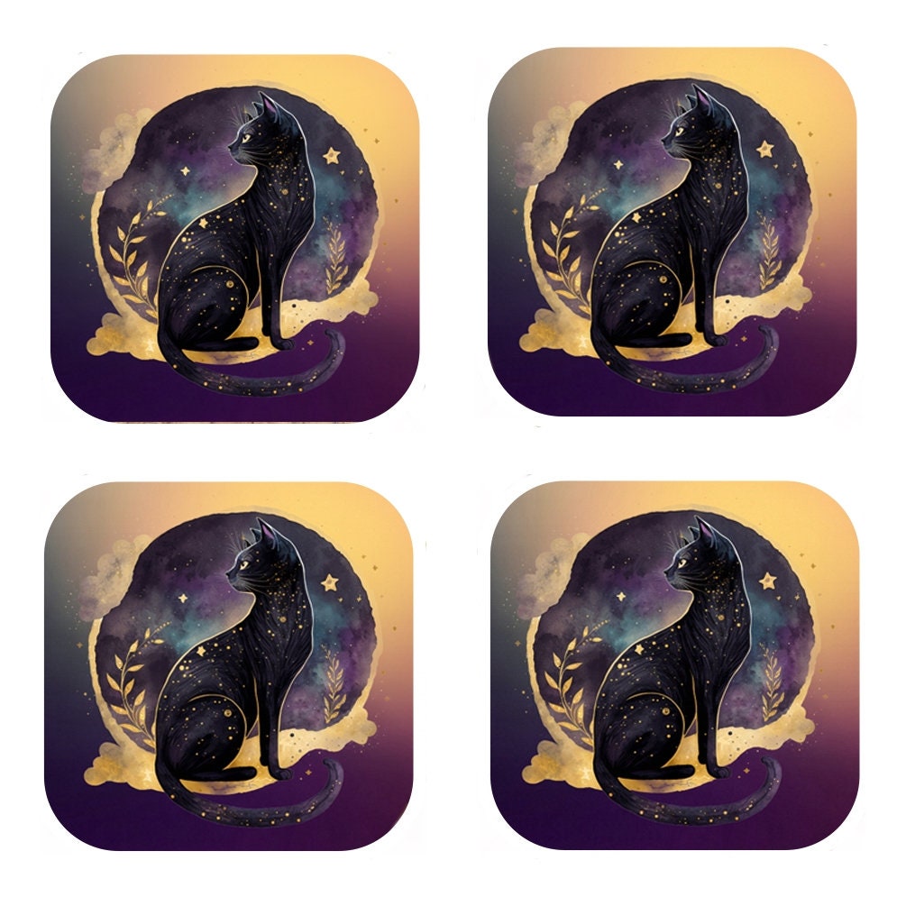 Celestial Black Cat Coasters - Cork Backed - Set of 4