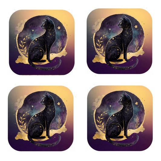 Celestial Black Cat Coasters - Cork Backed - Set of 4
