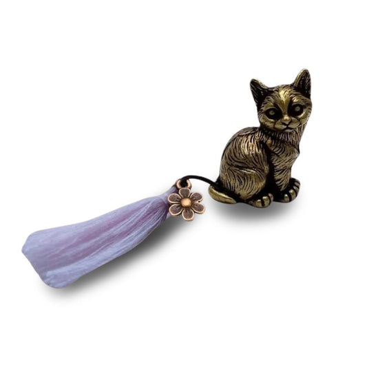 Brass Lucky Cat Charm - Rocky - With Tassel & Bag