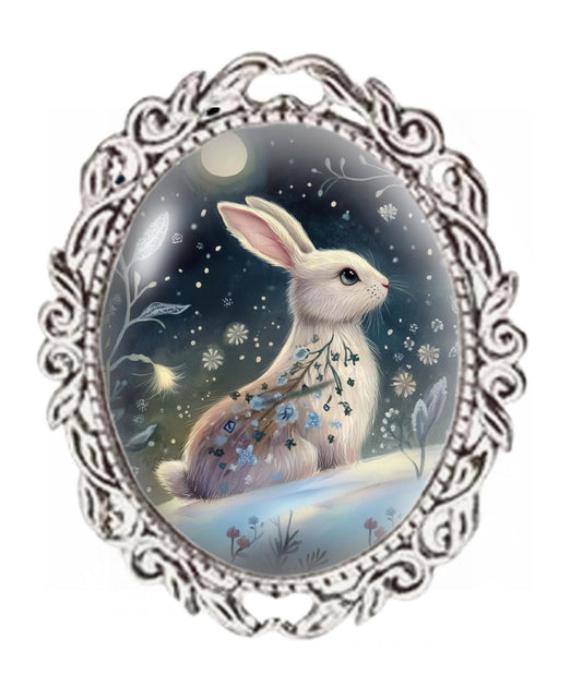 Silver Colour - Oval Glass Cabochon Brooch - White Winter Rabbit