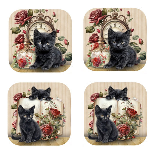 Set Of 4 - Cat Coasters - Cork Backed Coasters - Black Kittens & Victorian Roses