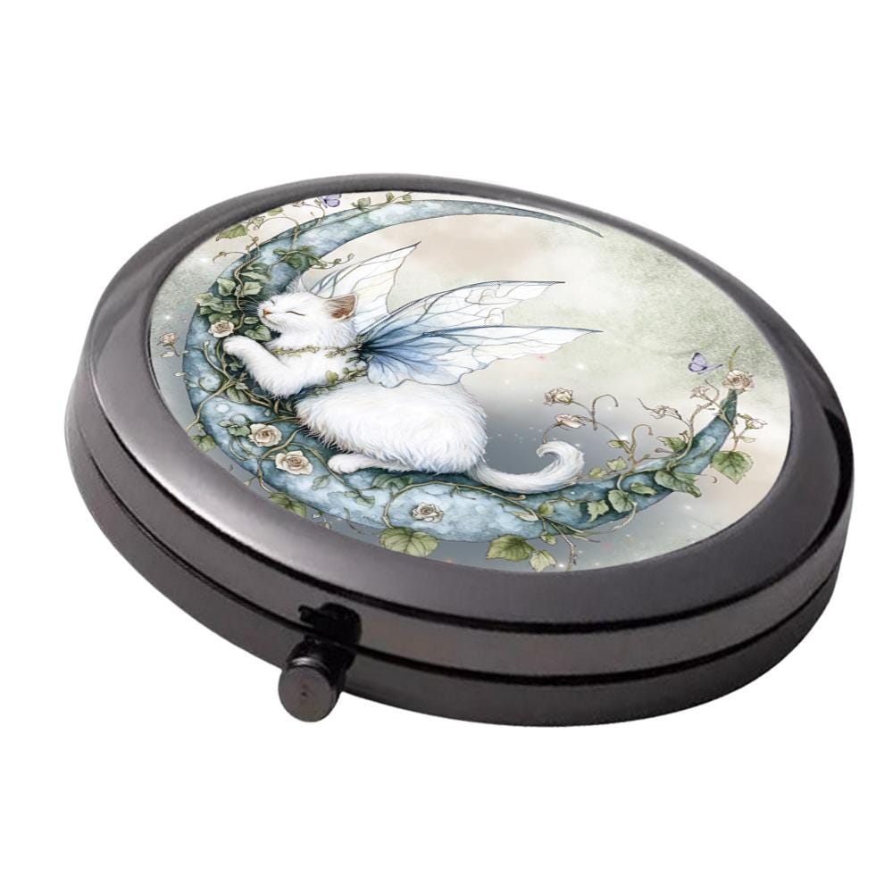 White Fairy Cat - Smoke Black - Large Double Compact Mirror