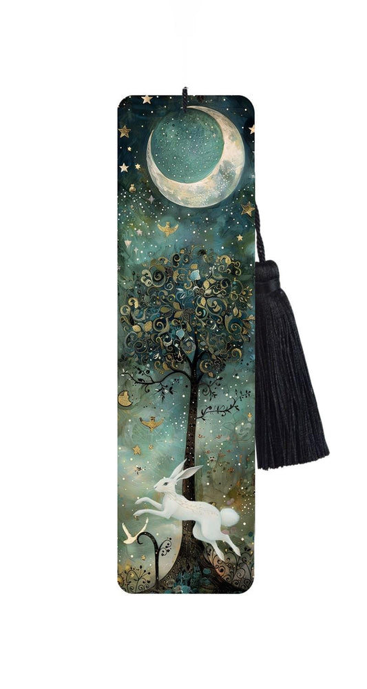 Hare Bookmark: Leaping Rabbit & Tree Metal Bookmark with Tassel