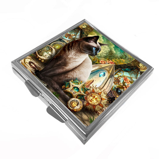 Square Pill/Trinket Box - Siamese Cat & Victorian Suns/Moons - Tao
