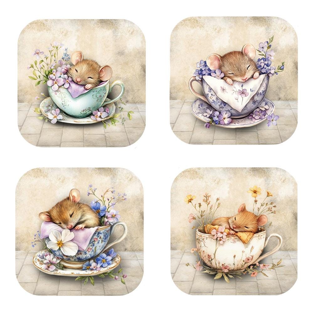Mouse Coasters Set: Cork Backed, Little Sleeping Tea Cup Mice