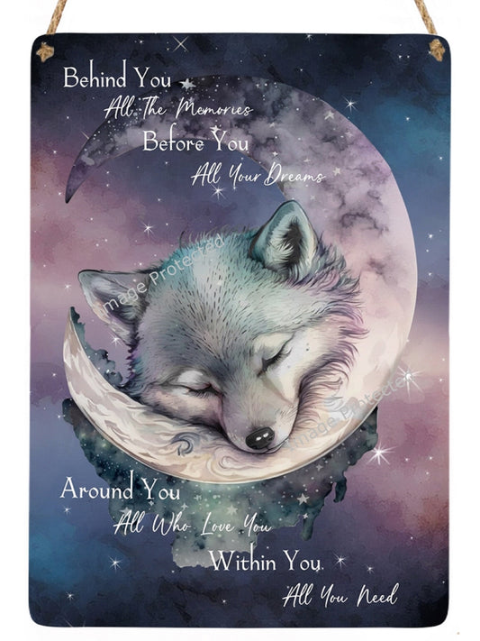 Hanging Metal Sign - Sleeping Baby Wolf - Motivational Quote Sign