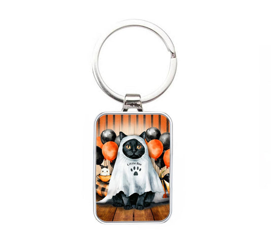 Silver Metal Cat Keyring - Little Boo - Halloween Ghost Cat