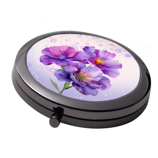 Floral Mirror - Smoke Black - Large Double Compact Mirror - Purple Flowers