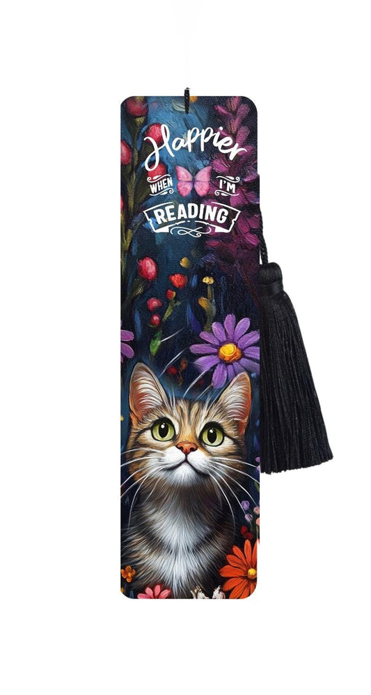 Floral Blue Tabby Cat Metal Bookmark with Tassel: Funny Reader Gift