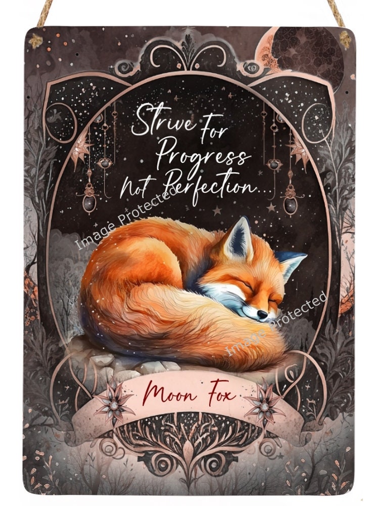 Hanging Metal Sign - Mystic Celestial Fox - Motivational Quote - Strive for progress, Not perfection