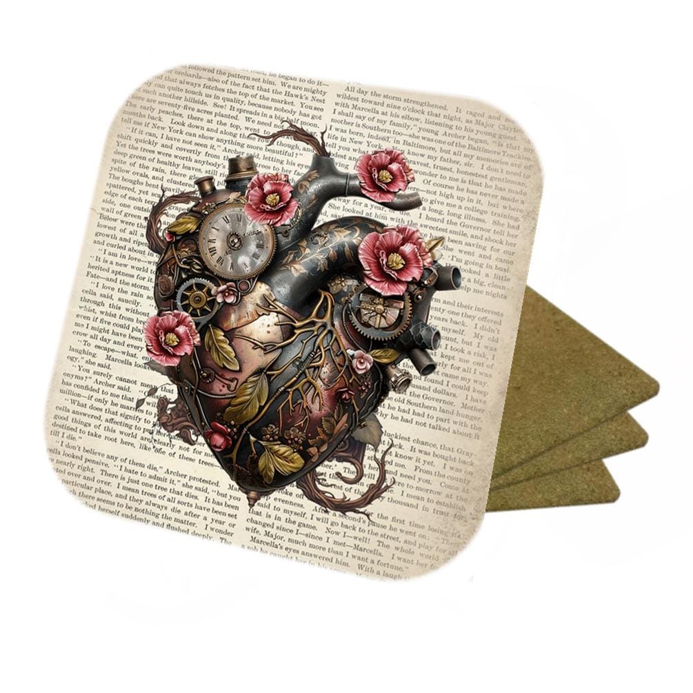 Set Of 4 - Steampunk Heart - Cork Backed Coasters