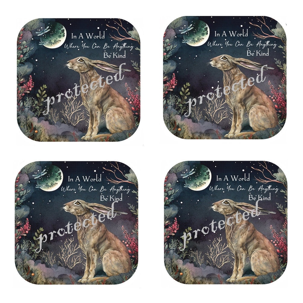 Hare Coasters Set: Cork Backed, Be Kind Quotes
