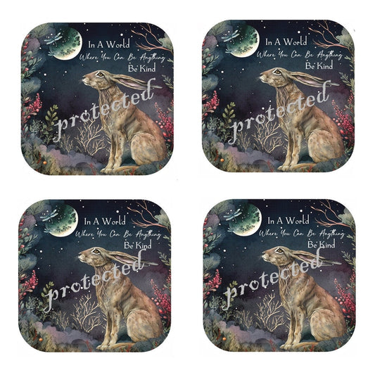 Hare Coasters Set: Cork Backed, Be Kind Quotes