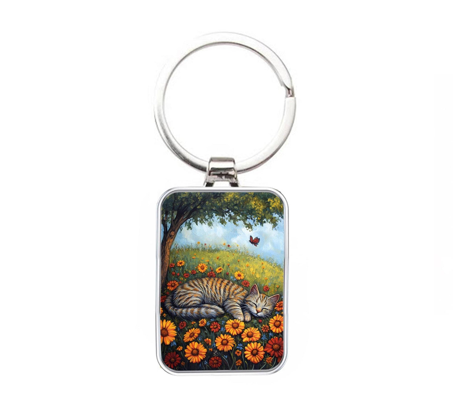Silver Metal Cat Keyring - Sleeping Tabby Cat in Flowers