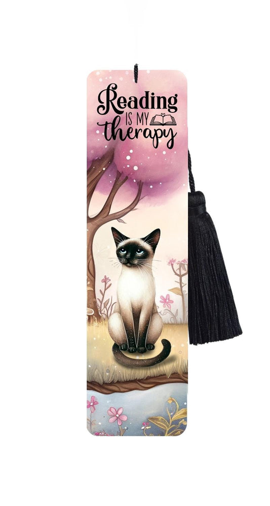 Large Metal Bookmark With Tassel - Whimsical cat - Siamese - Reading Is My Therapy