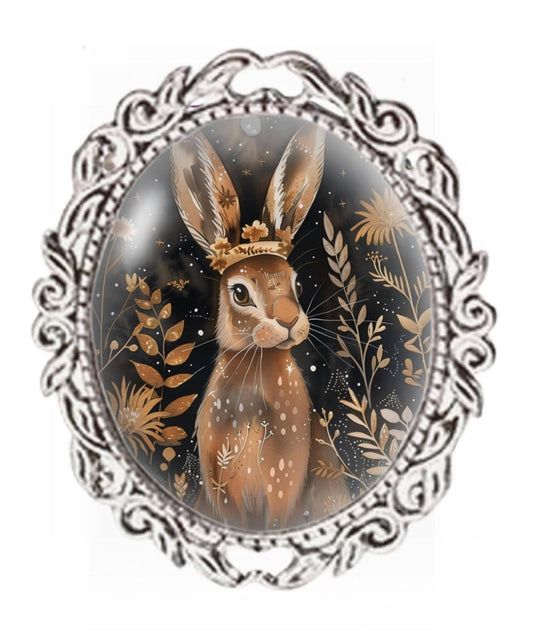 Royal Hare Brooch: Silver Oval Glass Cabochon