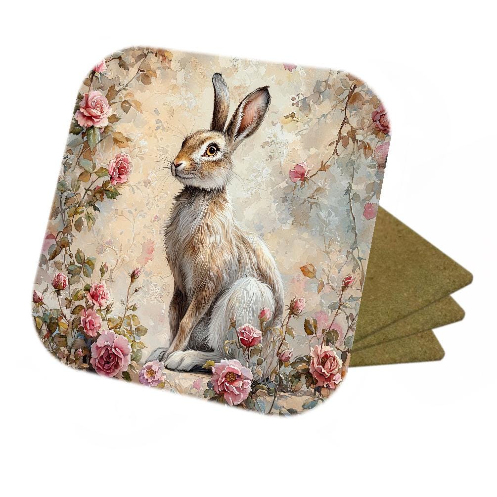 Set Of 4 - Vintage Style Hare Coasters - Cork Backed Coasters