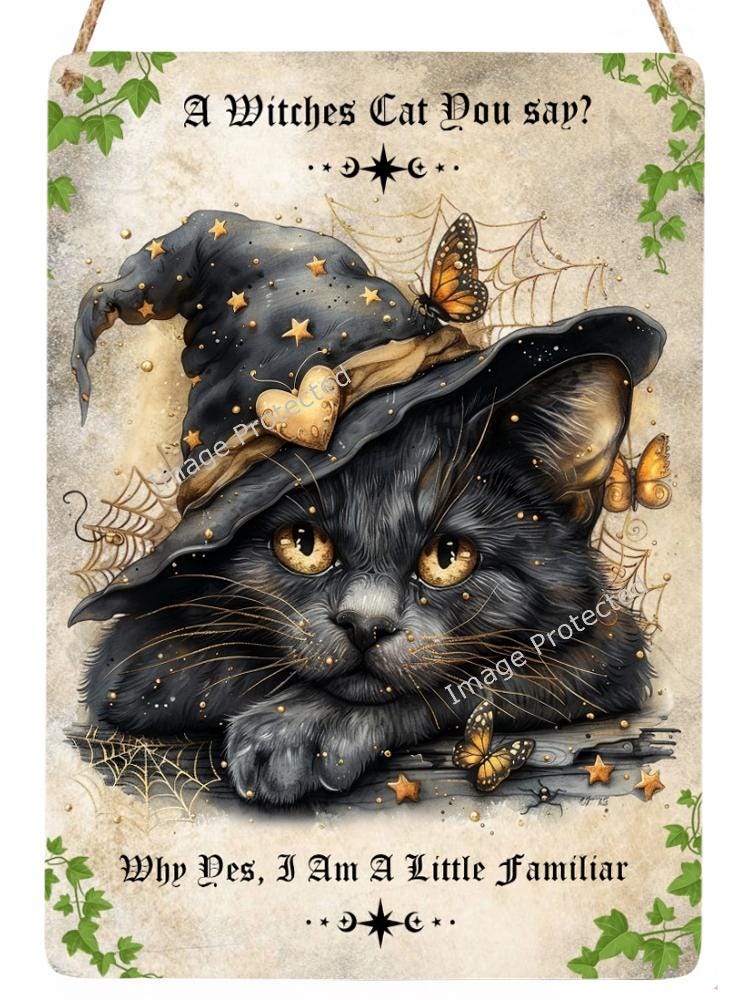 Black Cat Metal Sign: "Yes I Am A Little Familiar" - Handmade UK