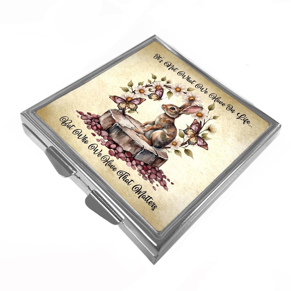 Square Pill/Trinket Box - Rabbit & Butterflies - Motivational Quote