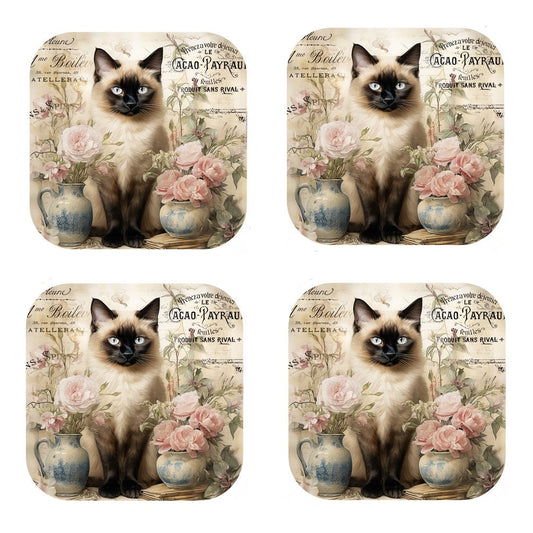 Set Of 4 - Cork Backed Coasters - Vintage Siamese Cat