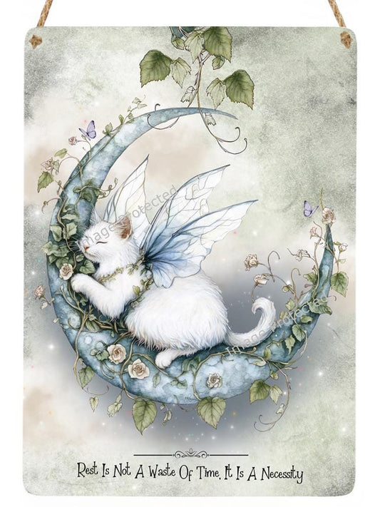 Fairy Cat On Moon Metal Sign - Whimsical Home Decor