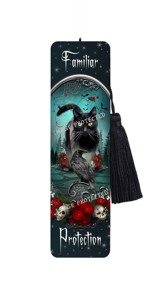 Large Metal Bookmark With Tassel - Familiar Protection - Black Cat, Raven & Skull Bookmark
