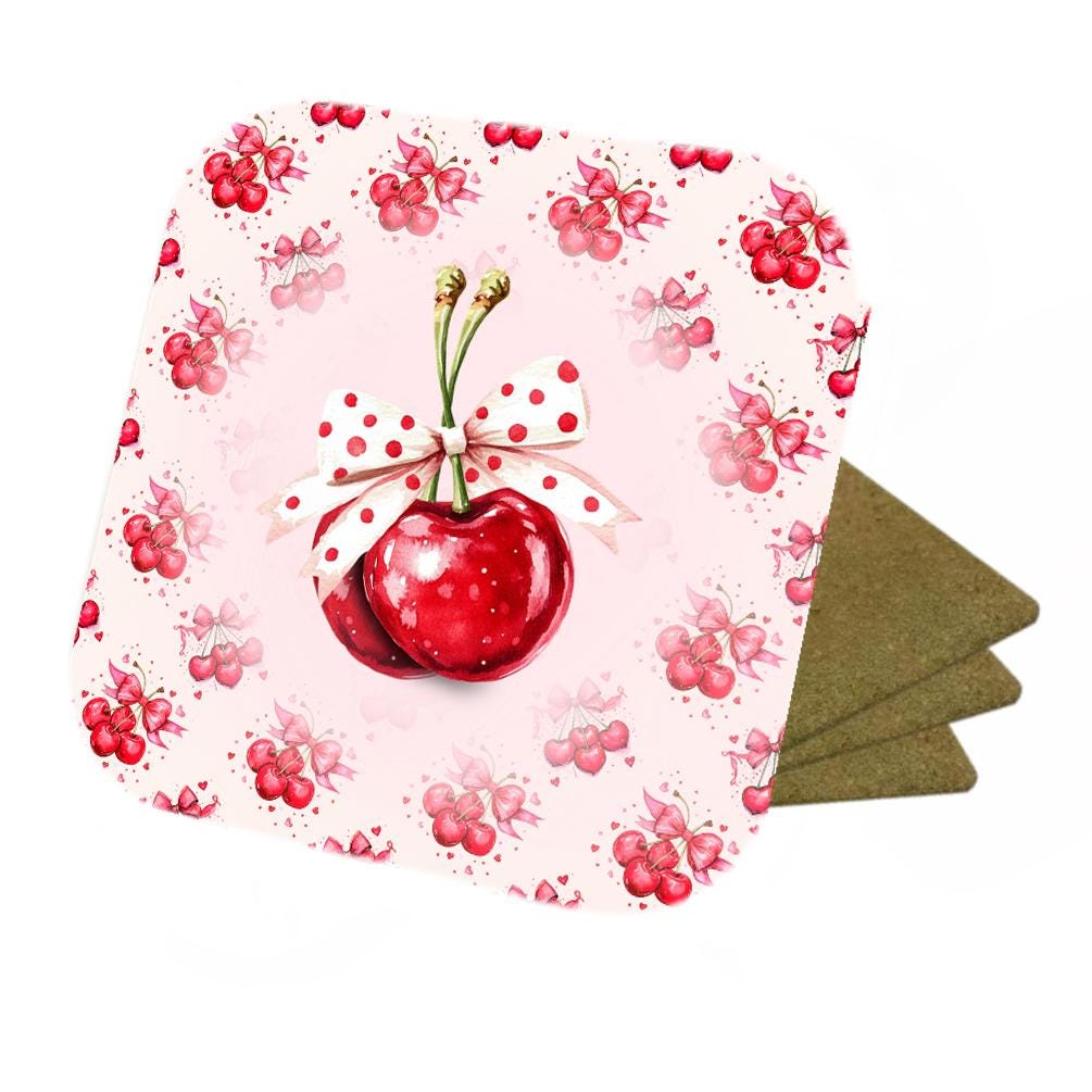 Set Of 4 - Cherry pattern - Cork Backed Coasters