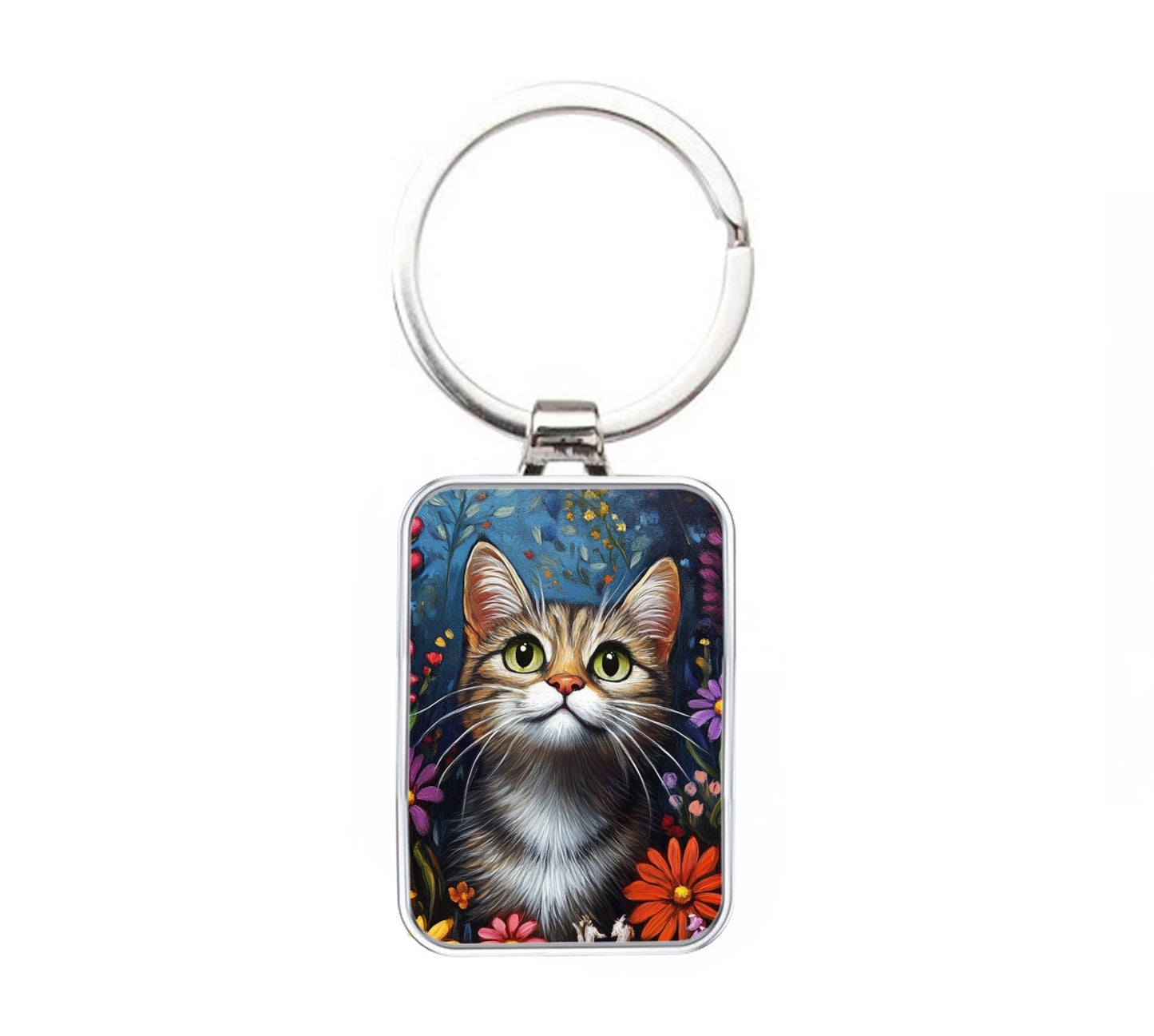 Silver Metal Cat Keyring - Tabby Cat In The Flowers