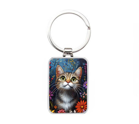 Silver Metal Cat Keyring - Tabby Cat In The Flowers