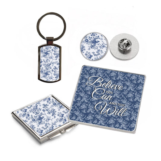 4 Piece Gift Set - Mirror, Magnet, Keyring & Pin Badge - Chinoiserie Blue and White Pattern
