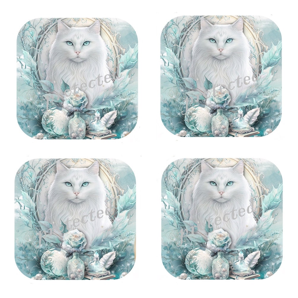 White Cat Coasters: Cyan Roses, Cork Backed - Set of 4