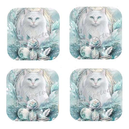 White Cat Coasters: Cyan Roses, Cork Backed - Set of 4