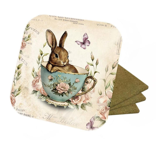 Rabbit Coasters Set: Vintage Bunny in Teacup, Cork Backed