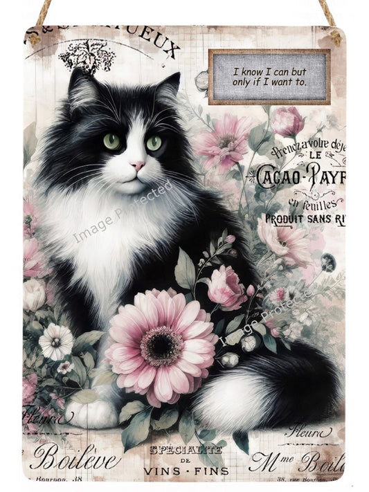 Cat Metal Sign - Funny - Vintage Tuxedo - Black and White Cat & Quote