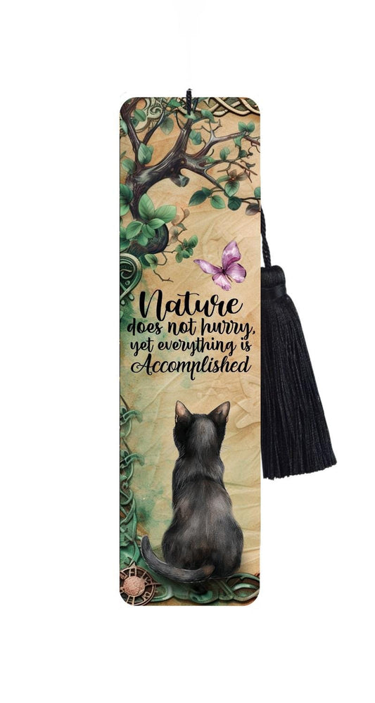 Large Metal Bookmark With Tassel -Cat Bookmark - Nature Does Not Hurry Quote