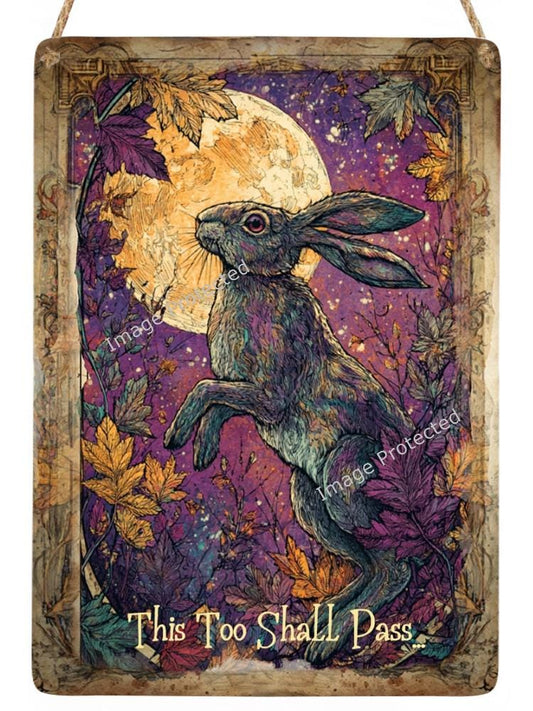 Hanging Metal Sign - Mystic Hare - Motivational Quote, This Too Shall Pass