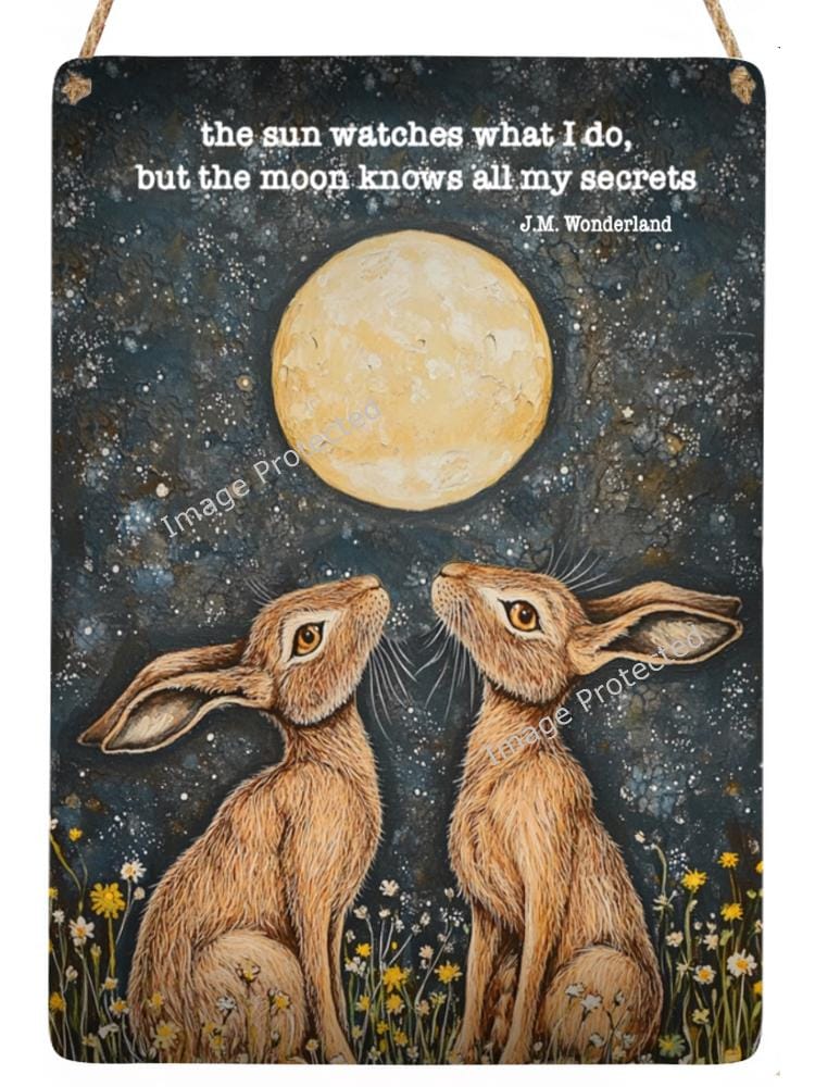 Handmade Moongazing Hares Metal Sign: Motivational Quote Art
