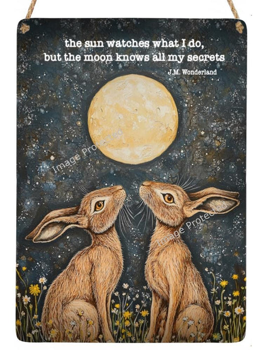 Handmade Moongazing Hares Metal Sign: Motivational Quote Art