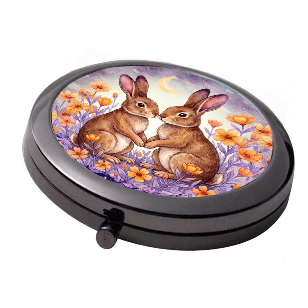 Bunny Rabbit Couple Compact Mirror: Smoke Black Finish, Double Mirror