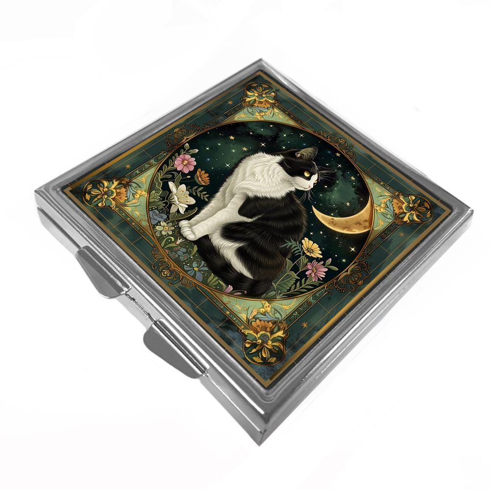 Square Pill/Trinket Box - Black and White Cat & Moon