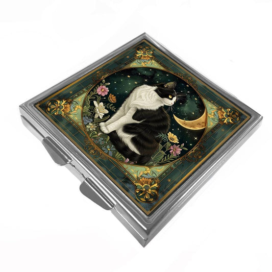 Square Pill/Trinket Box - Black and White Cat & Moon