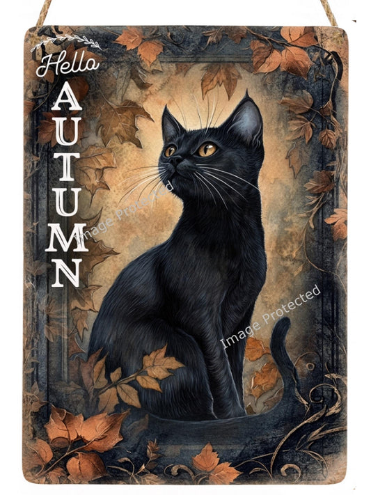 Autumn Black Cat Hanging Metal Sign: Fall Decor