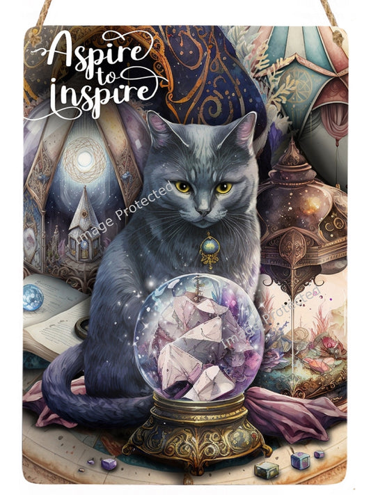 Black Cat Art: 'Aspire to Inspire' Hanging Metal Sign