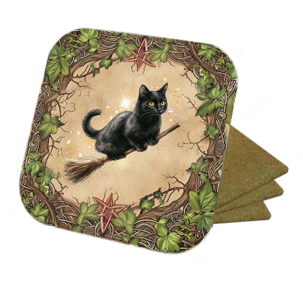Set Of 4 - Witches Cat On A Broom Stick - Cork Backed Coasters
