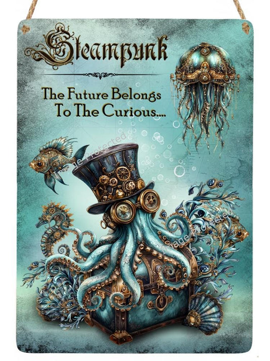 Hanging Metal Sign -  Steampunk Ocean - Steampunk Octopus