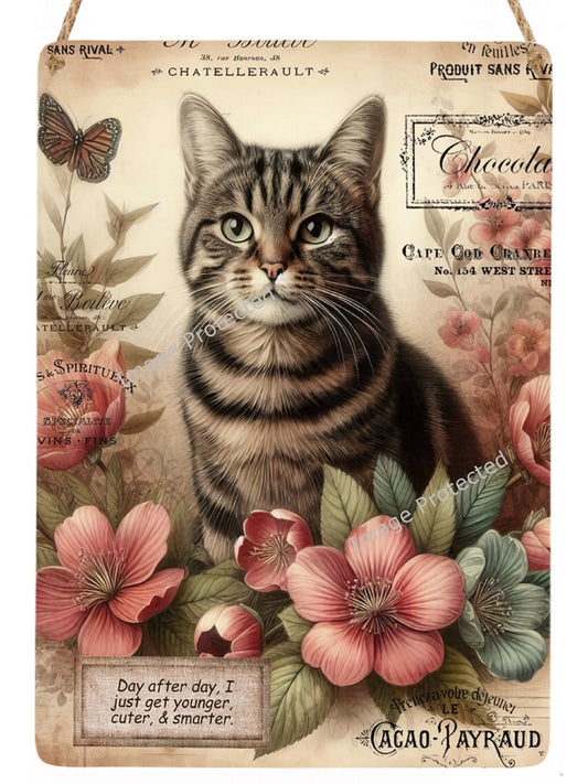 Cat Metal Sign - Funny - Vintage Brown Tabby Cat & Quote