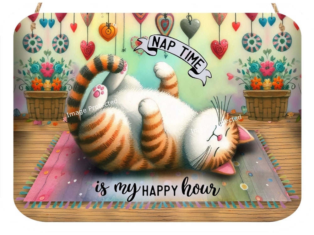 Hanging Metal Cat Sign - Quirky Cat - Nap Time Is My Happy Hour