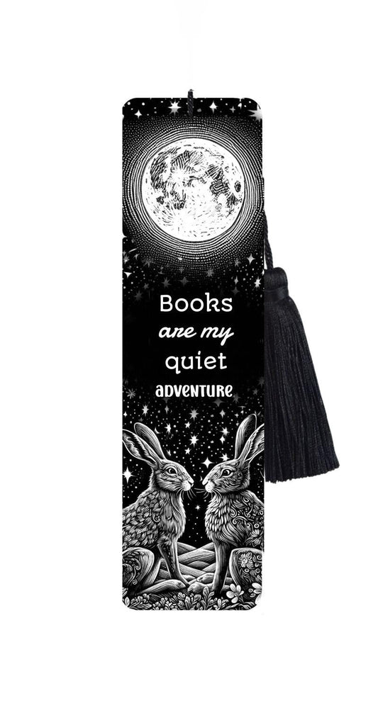 Large Metal Bookmark With Tassel - Black & White Moonlit Hares - With Quote